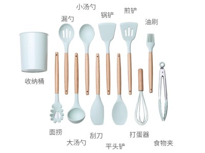 亚马逊热卖厨房11件套装木柄不粘锅烹饪硅胶铲汤勺套件厨房工具图4