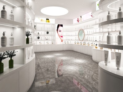 烤漆化妆品展示柜定制厂家 广州美容院产品展示柜 弧形异形陈列柜图2