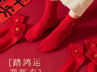 本命年红袜子纯棉龙年刺绣款红色袜子秋冬批发福字冬季中筒袜全棉图3