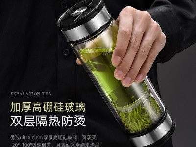 玻璃杯双层茶水分离锁水高档商务防爆泡茶办公杯公司刻字礼品杯子图2